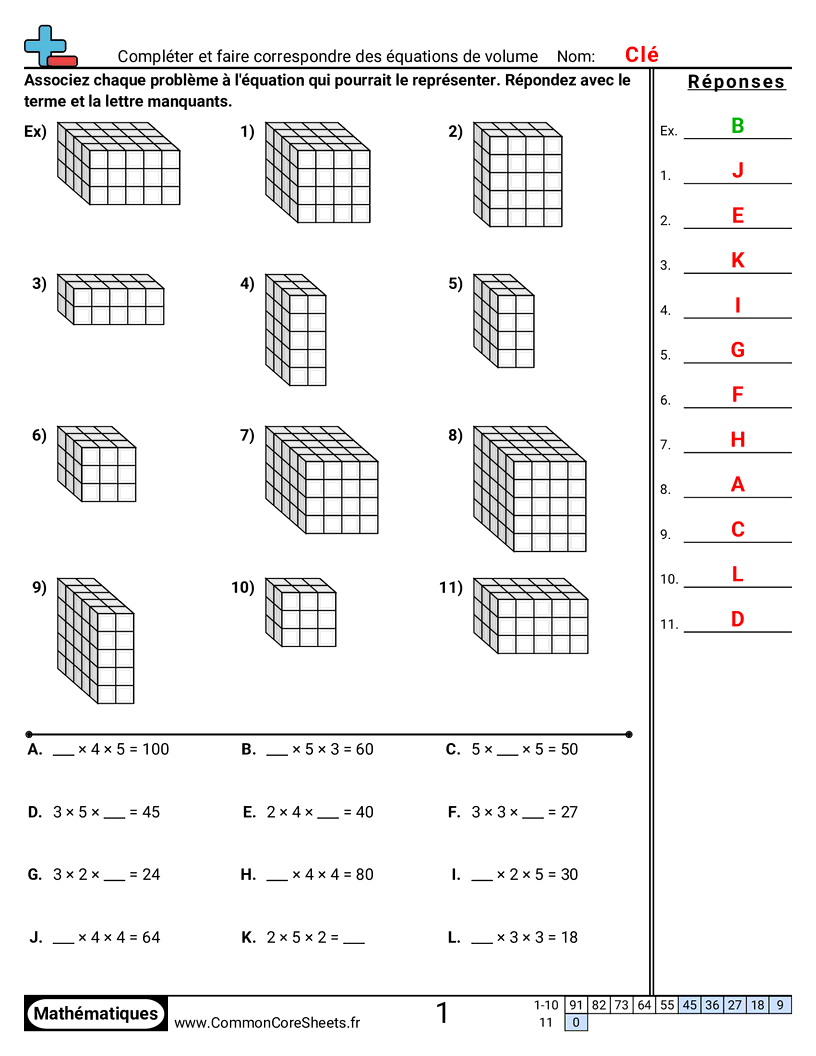 Fiches d'Exercices sur Volumes - completer-et-associer-des-equations-de-volume worksheet