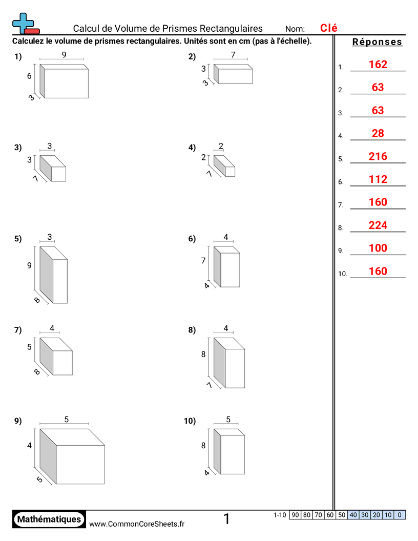 Fiches d'Exercices sur Volumes - calcul-de-volume-de-prismes-rectangulaires worksheet
