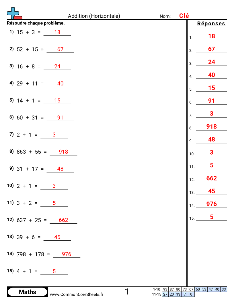 Fiches d'Exercices d'Additions - addition-horizontale worksheet