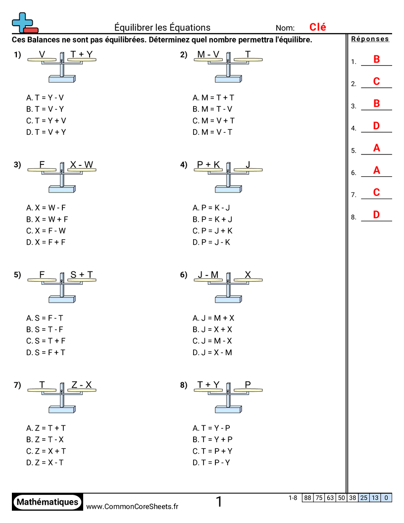 Fiches d'Exercices d'Equilibre d'Equations - balances-choix-multiple-addition-soustraction worksheet