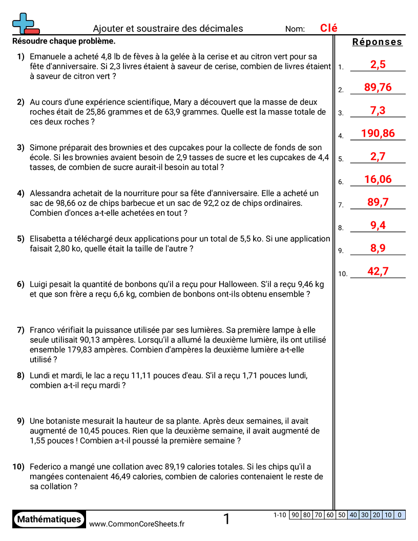 Fiches d'Exercices avec Nombres Décimaux - additionner-et-soustraire-jusquaux-centiemes-problemes worksheet