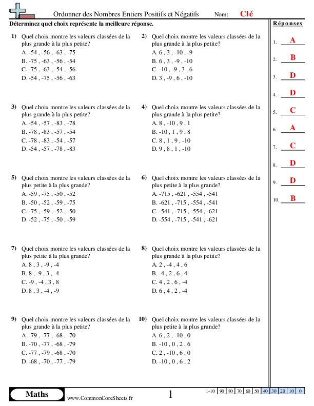  - ordonner-des-nombres-entiers-positifs-et-negatifs-choix-multiple worksheet