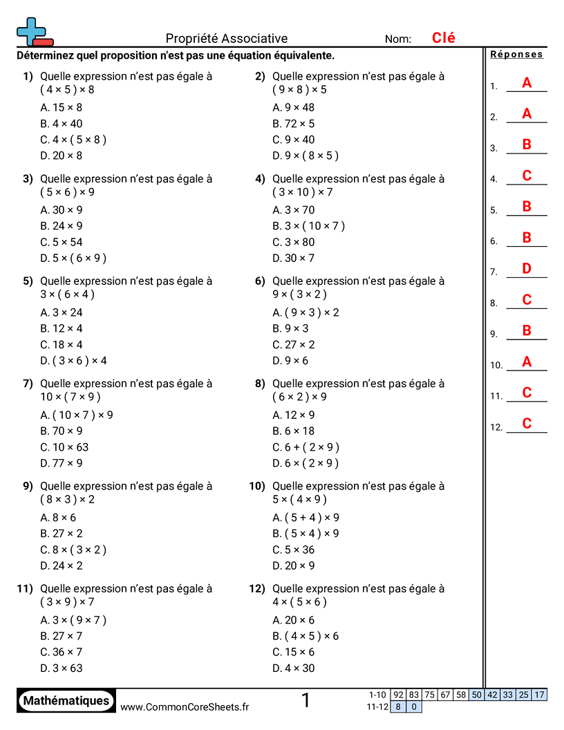 Fiches d'Exercices sur les Propriétés - trouver-une-propriete-associative-equivalente worksheet