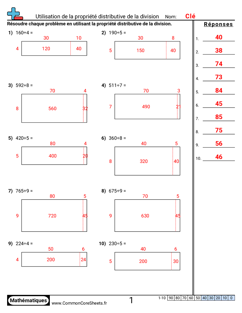 Fiches d'Exercices sur les Propriétés - utiliser-la-propriete-distributive-de-la-division-avec-tableau worksheet