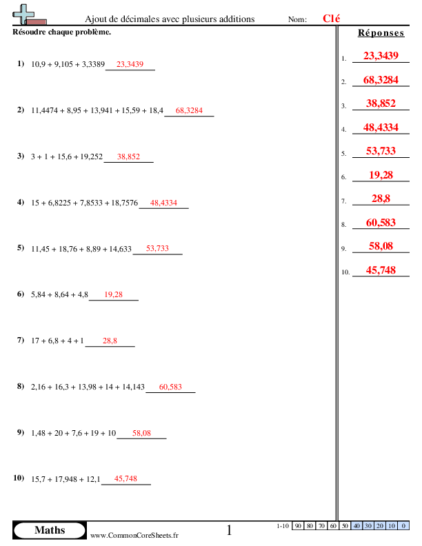  - additions-et-soustractions-de-decimales-horizontal worksheet