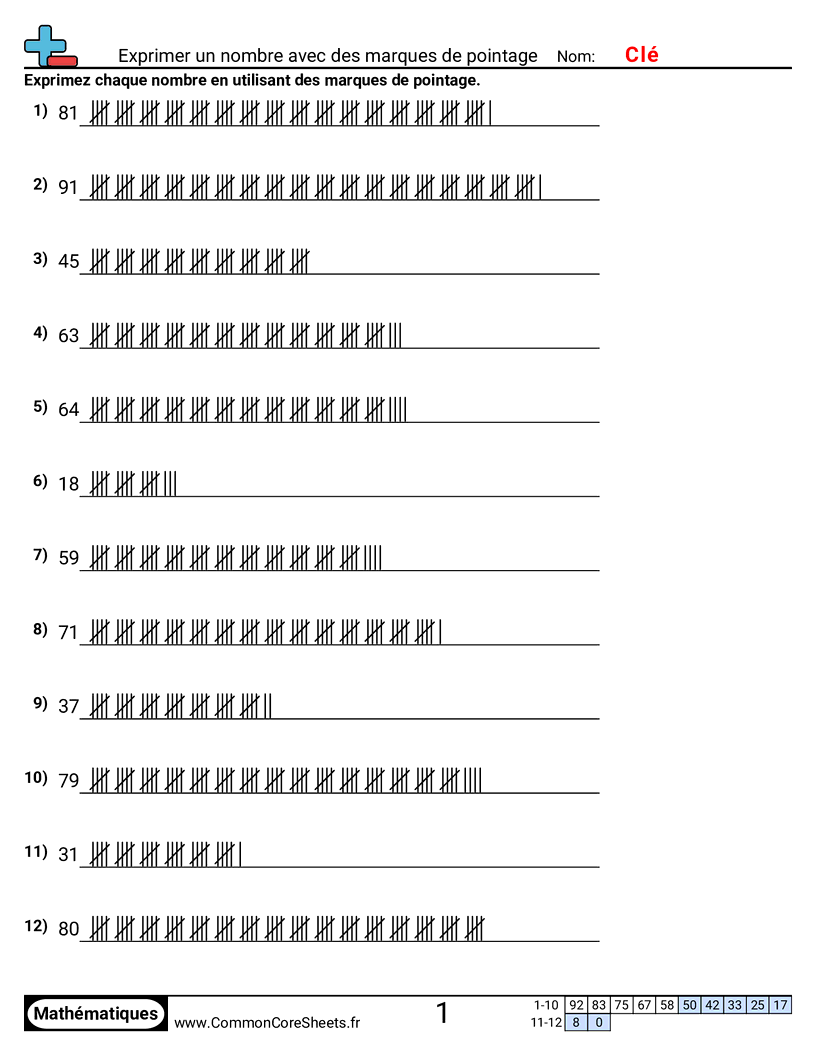 Fiches d'Exercices sur les Marques de Dénombrement - exprimer-un-nombre-avec-des-batons-de-comptage worksheet