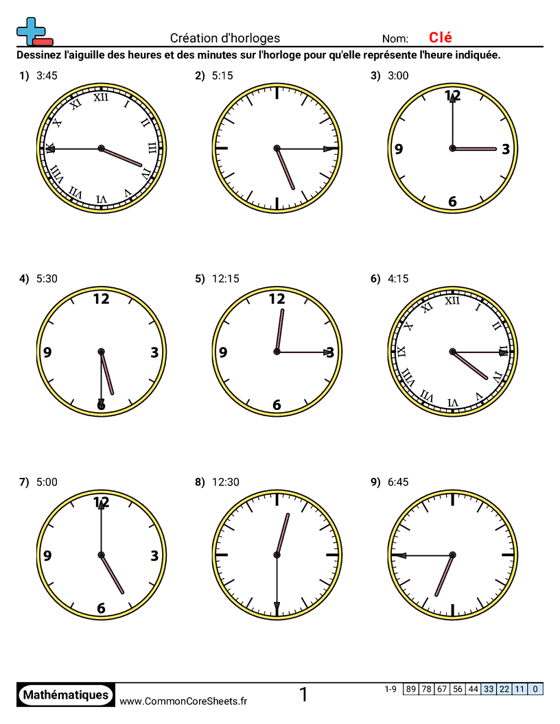 Fiches d'Exercices sur la Mesure du Temps - creer-des-horloges-intervalles-de-15-minutes worksheet