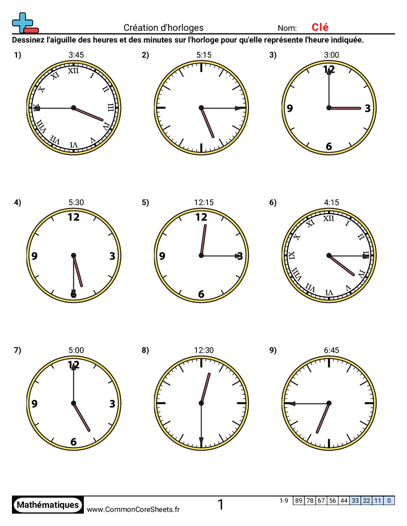 Fiches d'Exercices sur la Mesure du Temps - creer-des-horloges-par-quarts-dheure worksheet