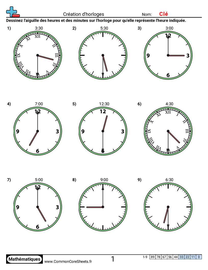 Fiches d'Exercices sur la Mesure du Temps - creer-des-horloges-par-demi-heures worksheet