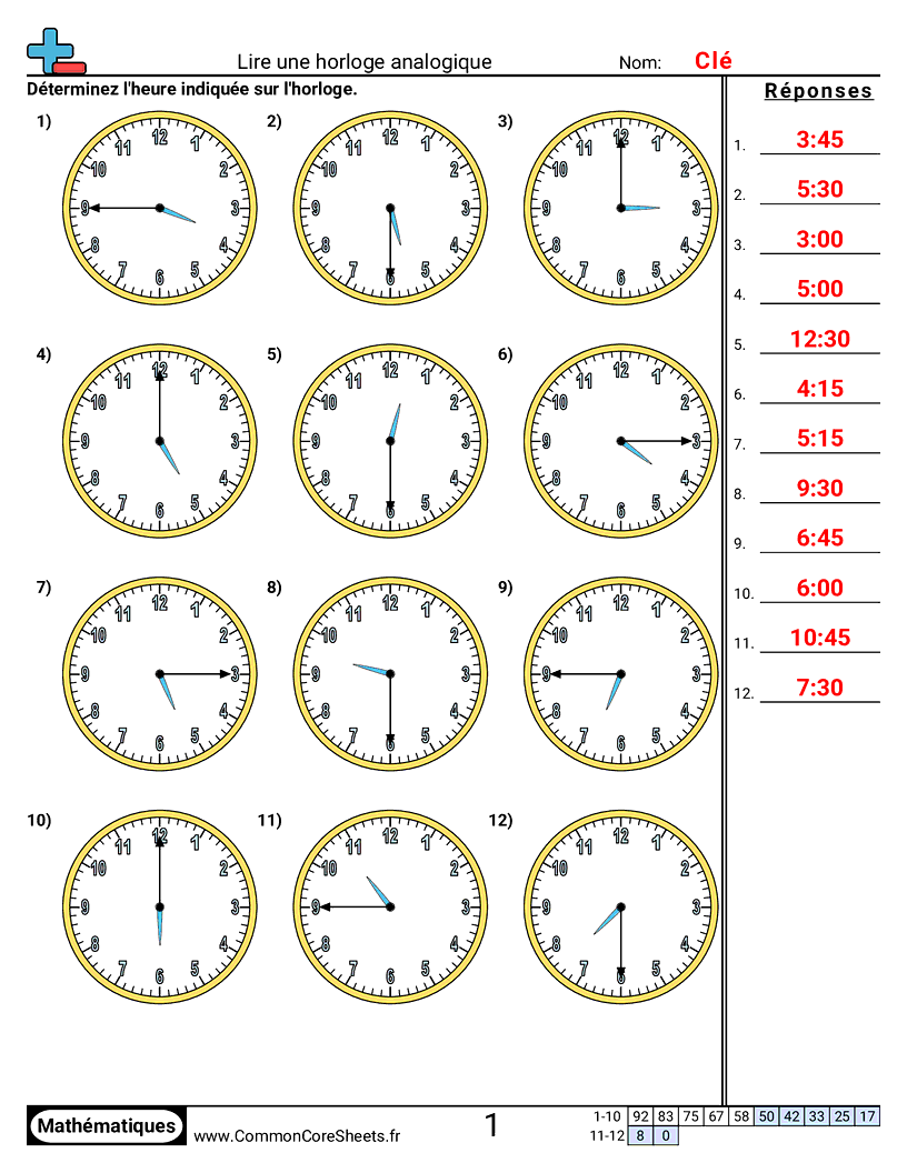 Fiches d'Exercices sur la Mesure du Temps - lire-une-horloge-analogique-intervalles-de-15-minutes worksheet