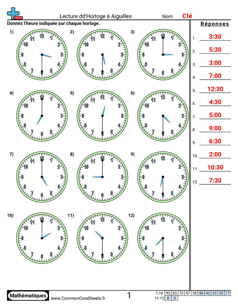 Fiches d'Exercices sur la Mesure du Temps - lire-une-horloge-par-demi-heures worksheet