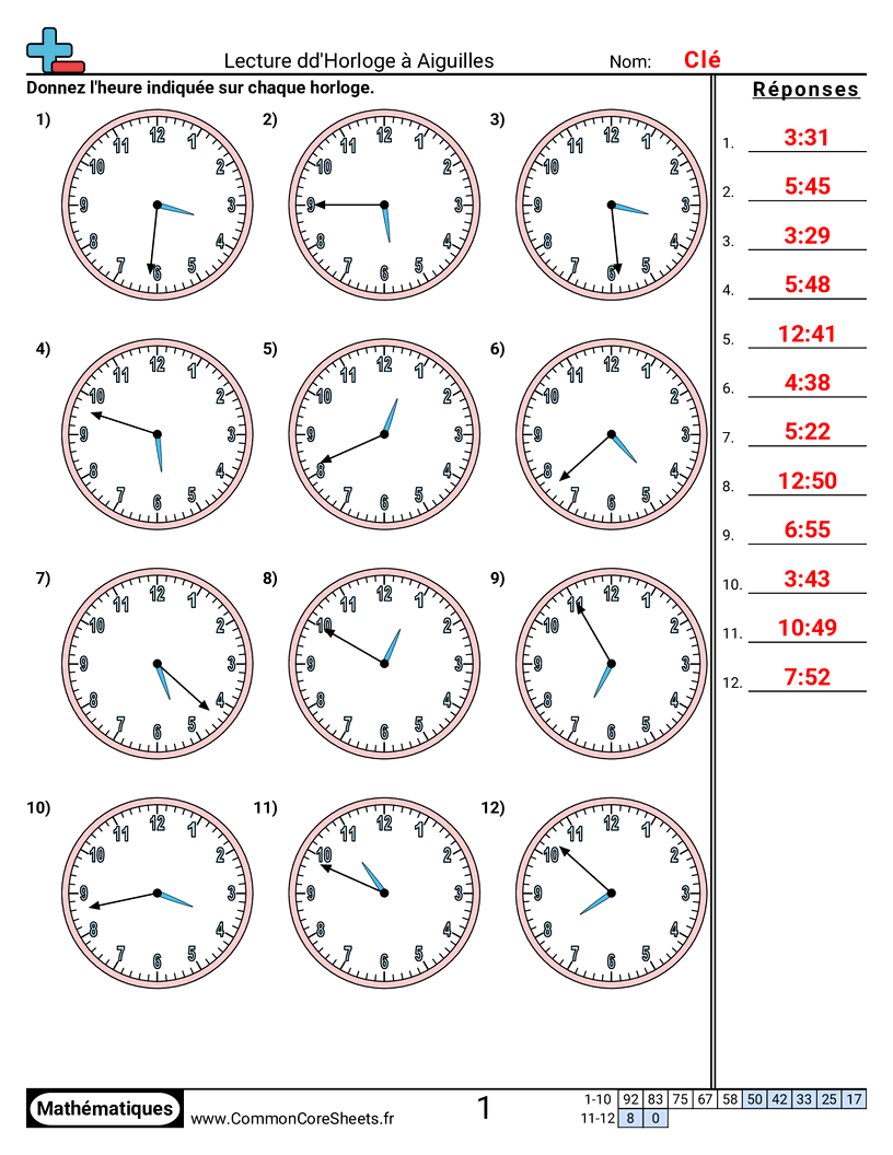Fiches d'Exercices sur la Mesure du Temps - lire-une-horloge-par-minutes worksheet