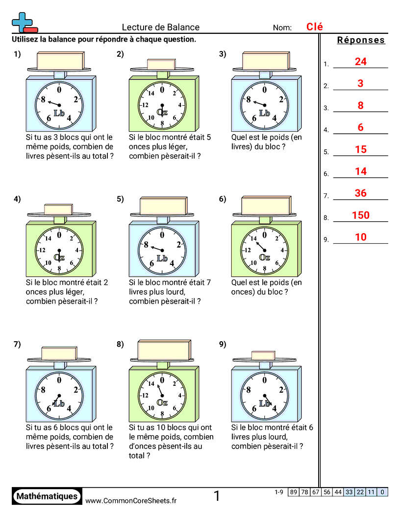 Fiches d'Exercices sur les Poids - lire-une-balance worksheet