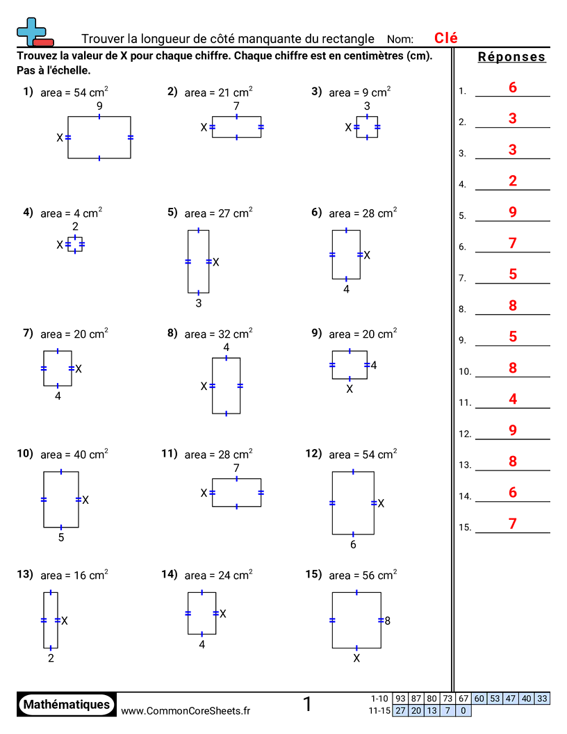 Fiches d'Exercices sur le Calcul d'Aire & Périmètre - trouver-la-longueur-manquante-dun-cote-de-rectangle worksheet