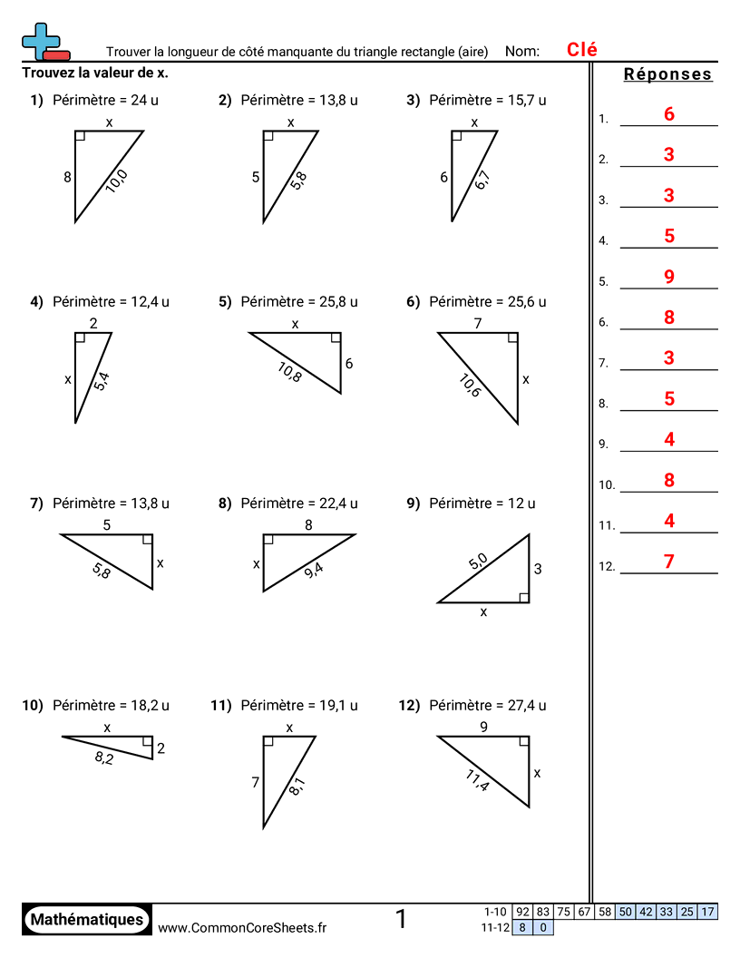 Fiches d'Exercices sur le Calcul d'Aire & Périmètre - trouver-la-longueur-manquante-dun-cote-de-triangle-rectangle-aire worksheet