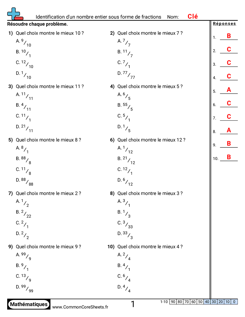 Fiches d'Exercices avec Fractions - identifier-un-nombre-entier-comme-fraction worksheet