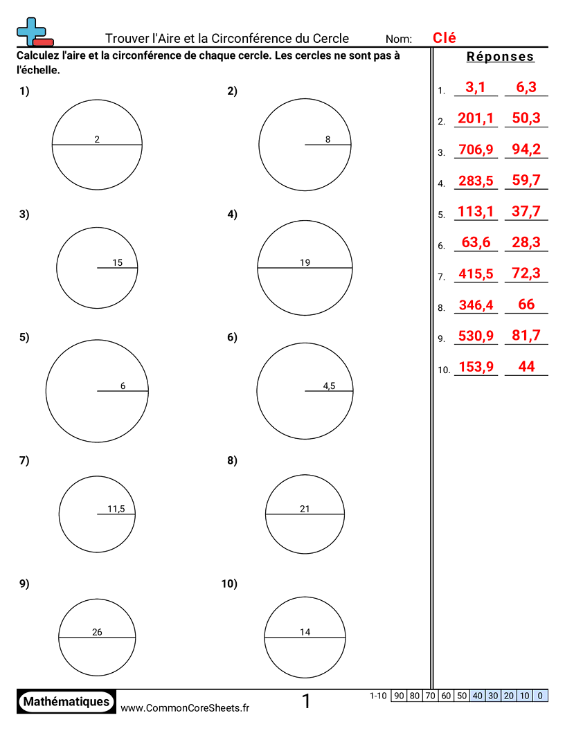 Fiches d'Exercices sur le Calcul d'Aire & Périmètre - aire-et-circonference-du-cercle worksheet