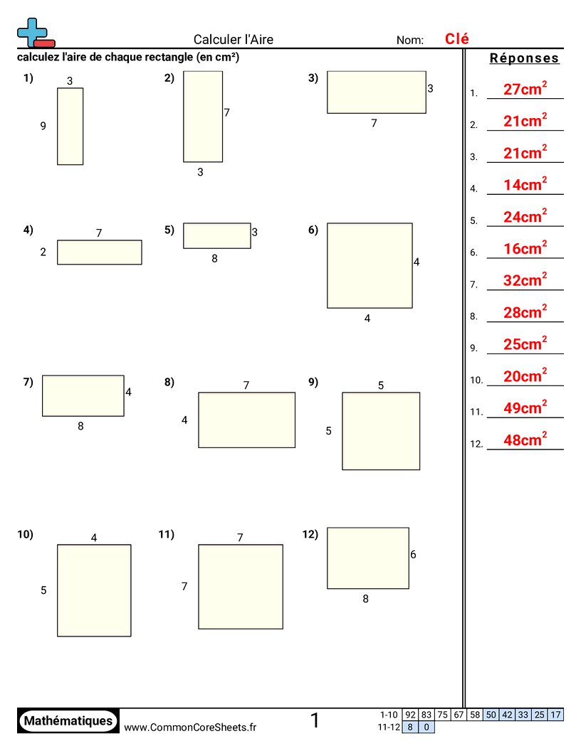 Fiches d'Exercices sur le Calcul d'Aire & Périmètre - trouver-laire worksheet