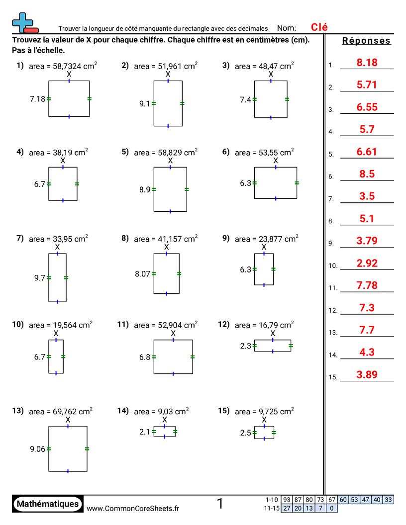 Fiches d'Exercices sur le Calcul d'Aire & Périmètre - trouver-la-longueur-manquante-dun-cote-de-rectangle-decimaux worksheet