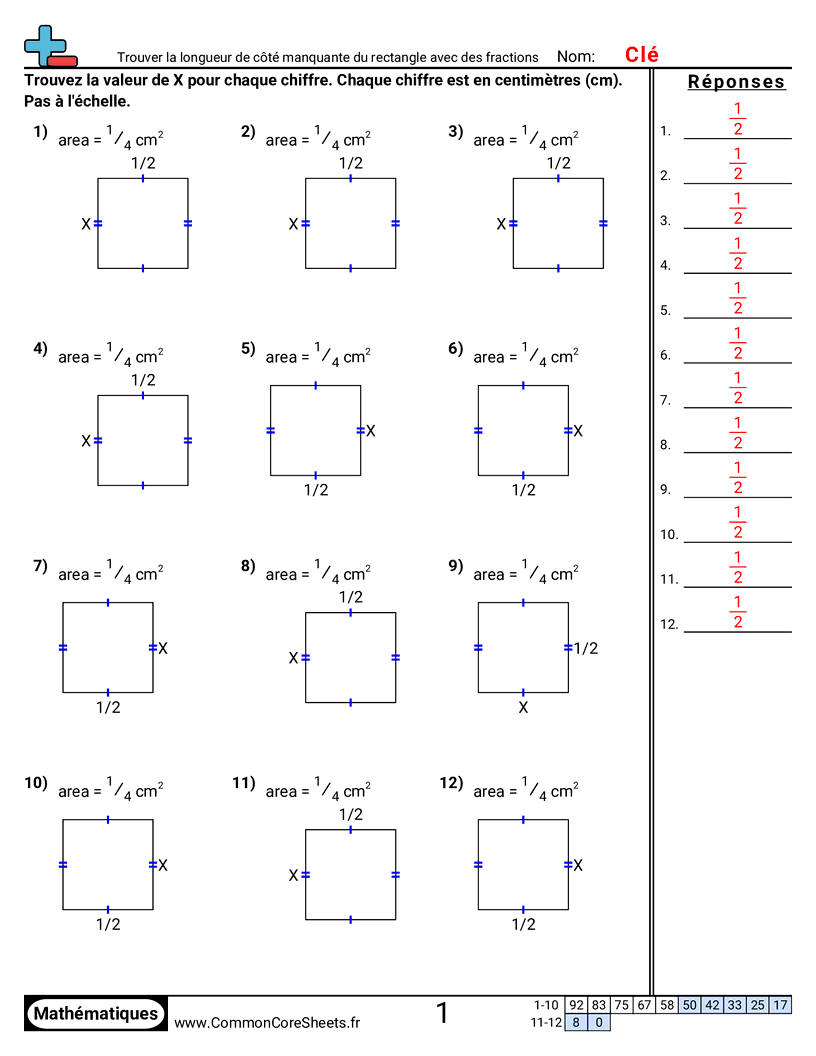 Fiches d'Exercices sur le Calcul d'Aire & Périmètre - trouver-la-longueur-manquante-dun-cote-de-rectangle-fractions worksheet