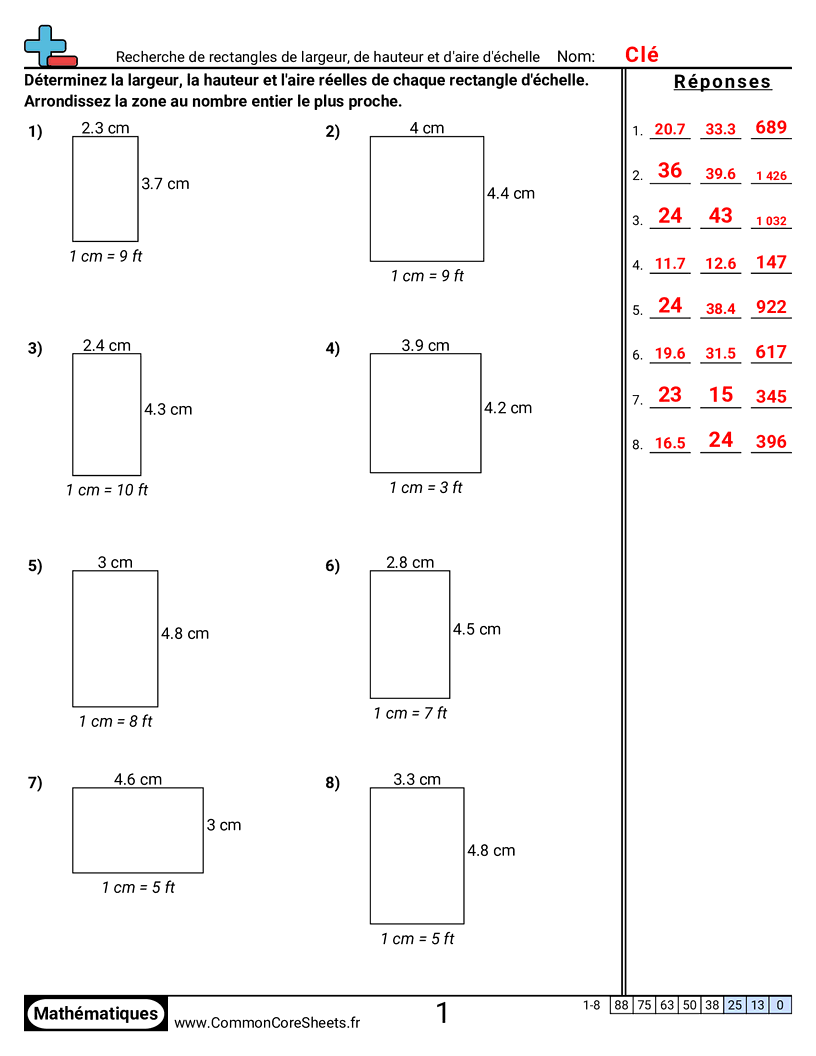 Fiches d'Exercices sur le Calcul d'Aire & Périmètre - trouver-largeur-hauteur-et-aire-de-rectangles-a-lechelle worksheet