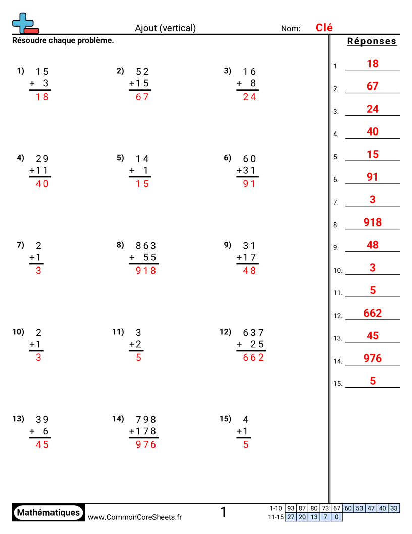 Fiches d'Exercices d'Additions - Addition (vertical) worksheet