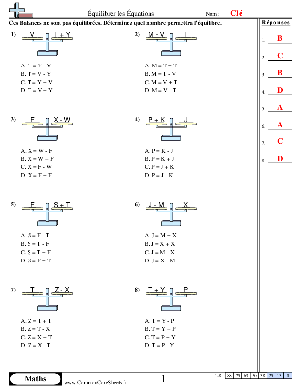  - balances-choix-multiple-addition-soustraction worksheet