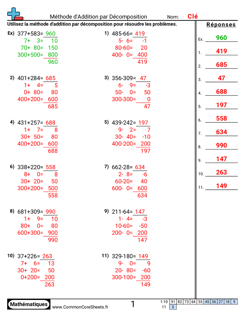 Fiches d'Exercices d'Additions - Stratégies d’addition worksheet