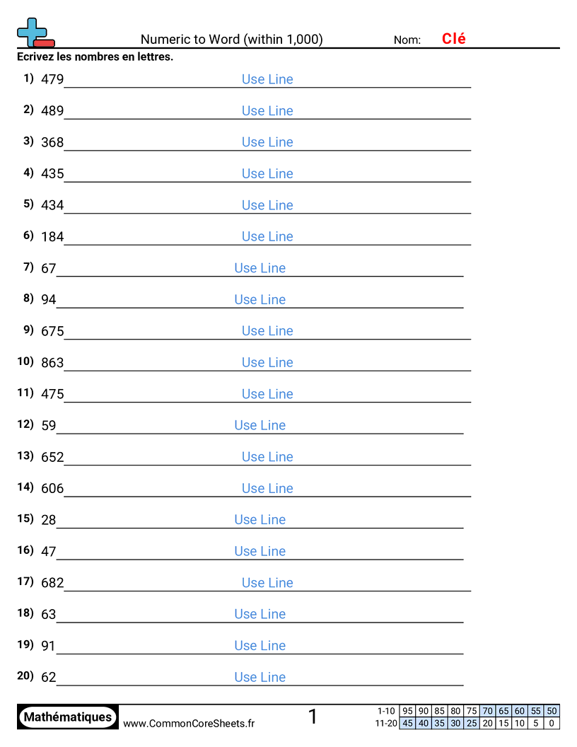 Fiches d'Exercices de Conversion - numerique-vers-mots-jusqua-1000 worksheet