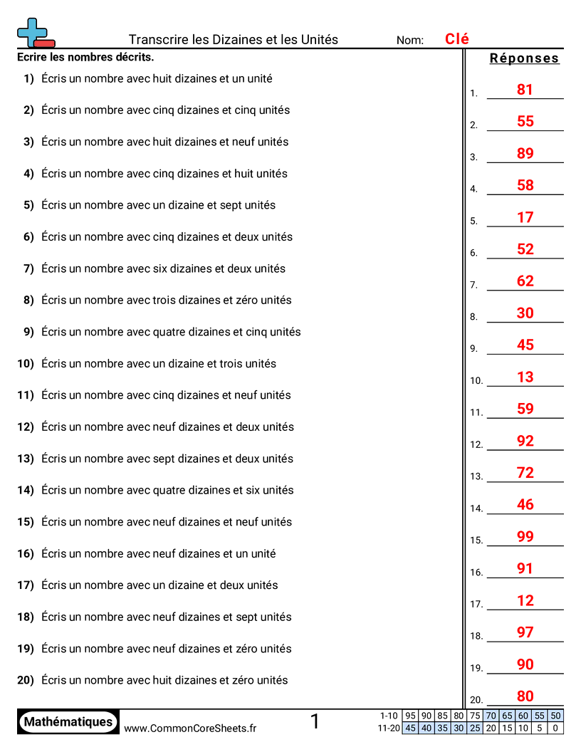 Fiches d'Exercices de Conversion - ecrire-avec-dizaines-et-unites worksheet