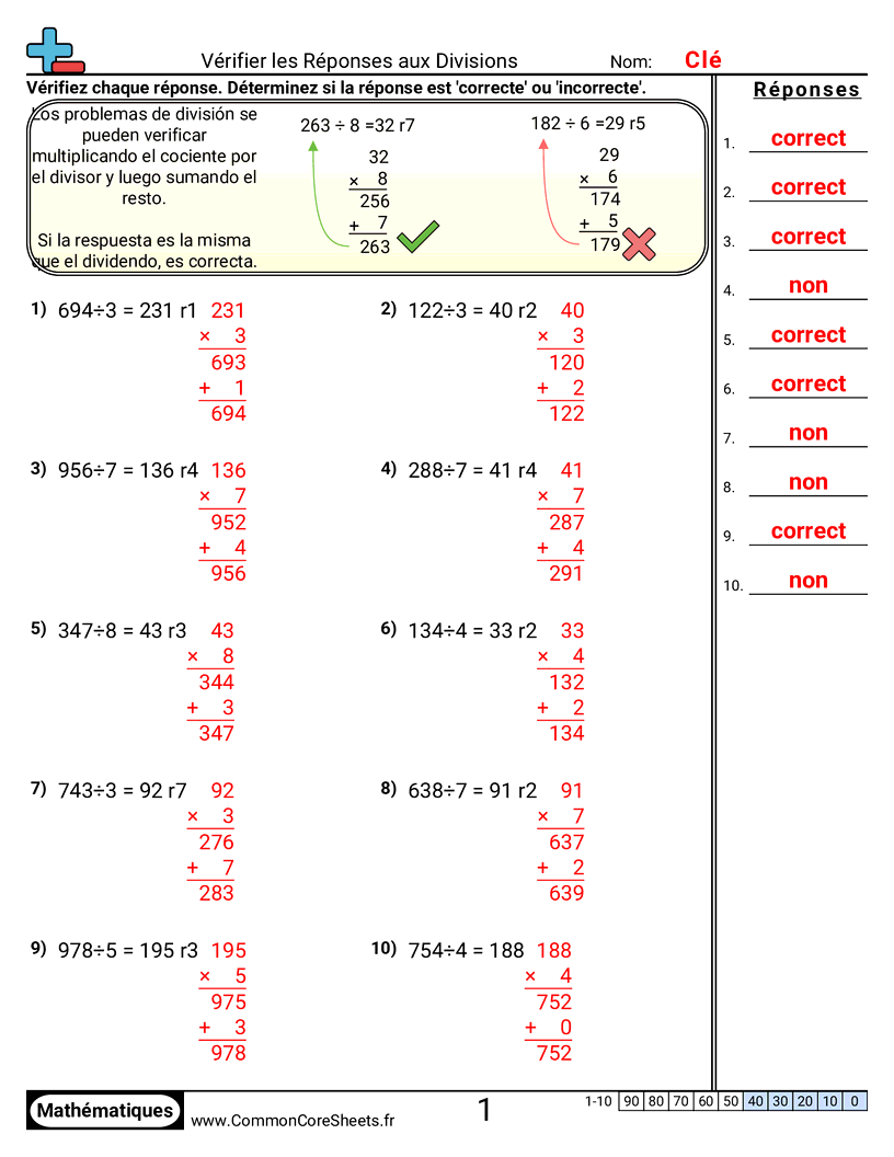 Fiches d'Exercices de Divisions - verifier-les-reponses-de-division worksheet