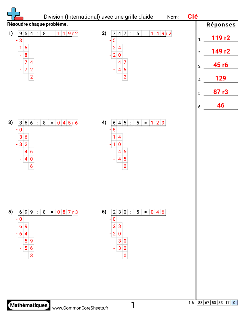 Fiches d'Exercices de Divisions - division-style-international-avec-grille-daide worksheet