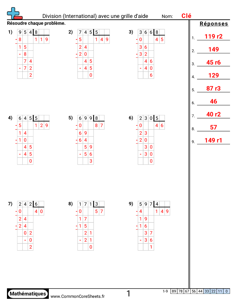 Fiches d'Exercices de Divisions - division-style-international-avec-grille-daide worksheet