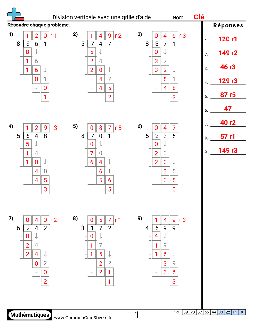 Fiches d'Exercices de Divisions - division-verticale-avec-grille-daide worksheet