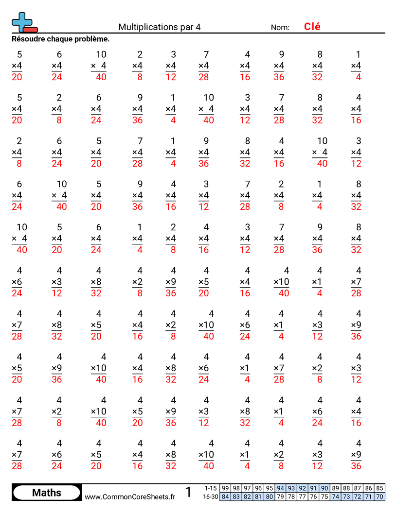exercices de multiplications Worksheets - 4 worksheet