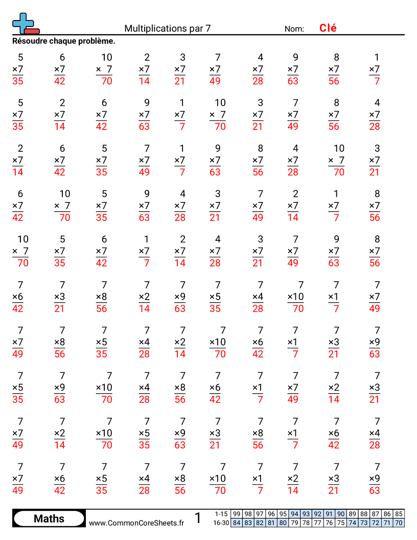 exercices de multiplications Worksheets - 7 worksheet