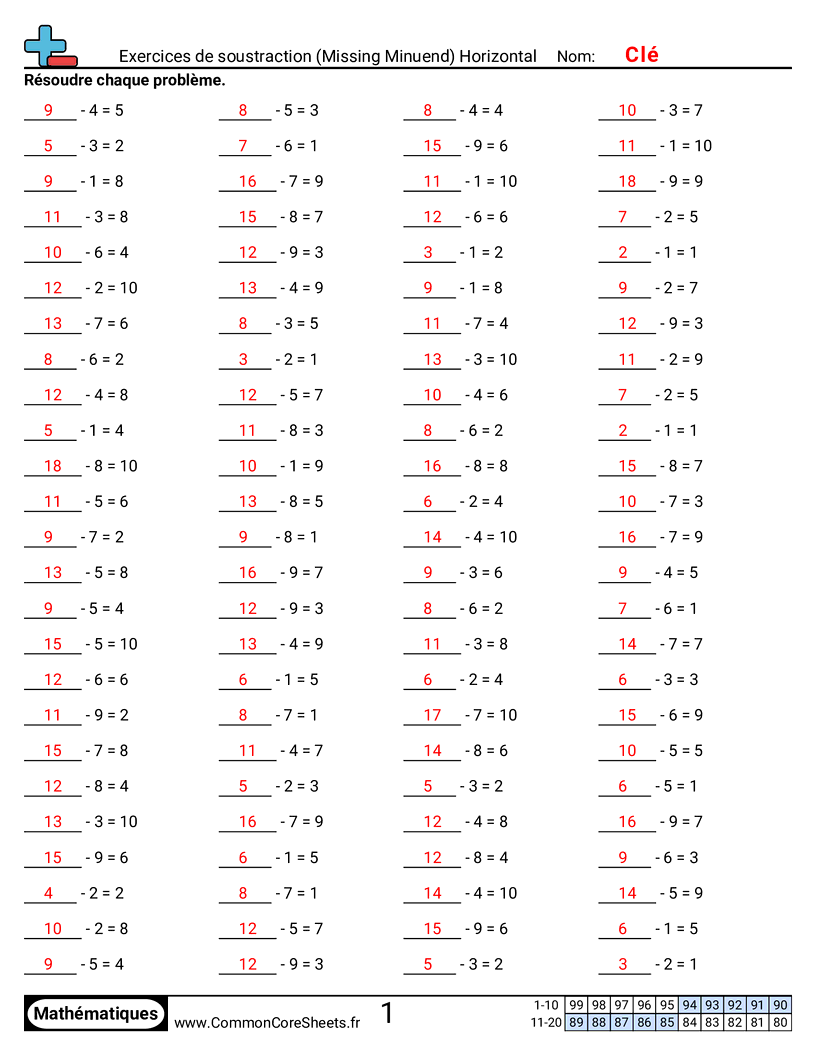  - series-de-soustraction-minuende-manquant-horizontal worksheet