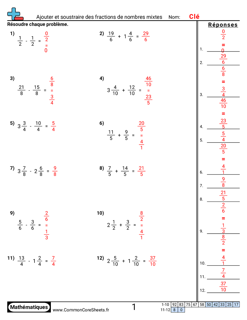 Fiches d'Exercices avec Fractions - fractions-mixtes-meme-denominateur worksheet
