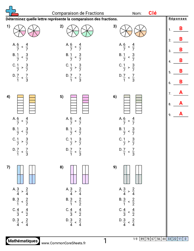 Fiches d'Exercices avec Fractions - comparer-des-fractions worksheet