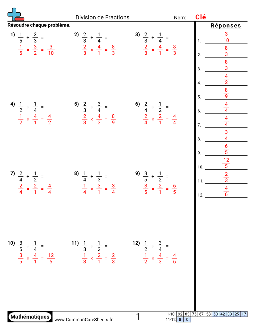 Fiches d'Exercices avec Fractions - diviser-des-fractions worksheet