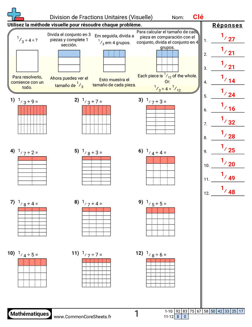 Fiches d'Exercices avec Fractions - diviser-des-fractions-unitaires-visuel worksheet
