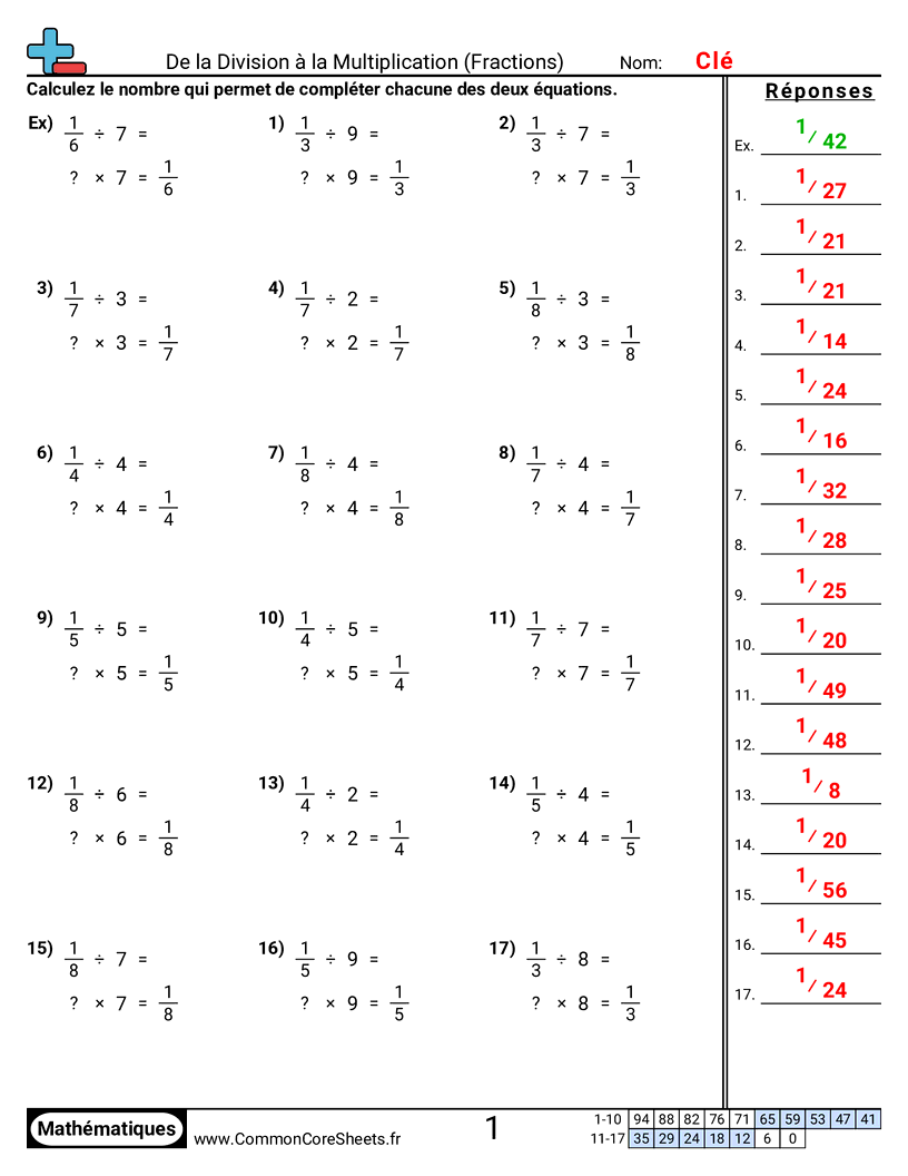 Fiches d'Exercices avec Fractions - division-relative-a-la-multiplication worksheet