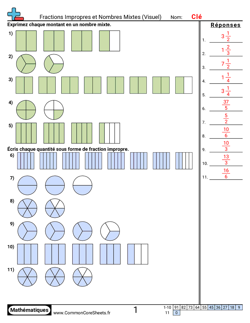 Fiches d'Exercices avec Fractions - fractions-impropres-et-mixtes-visuel worksheet