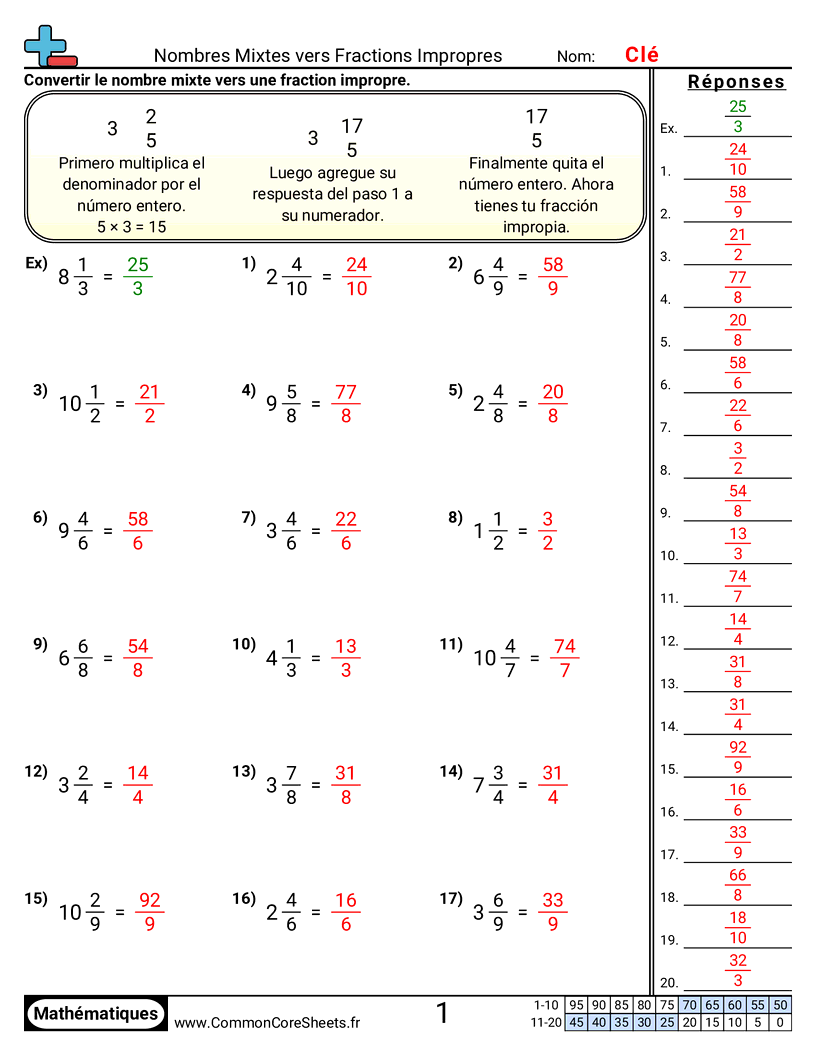 Fiches d'Exercices avec Fractions - fraction-mixte-vers-impropre worksheet