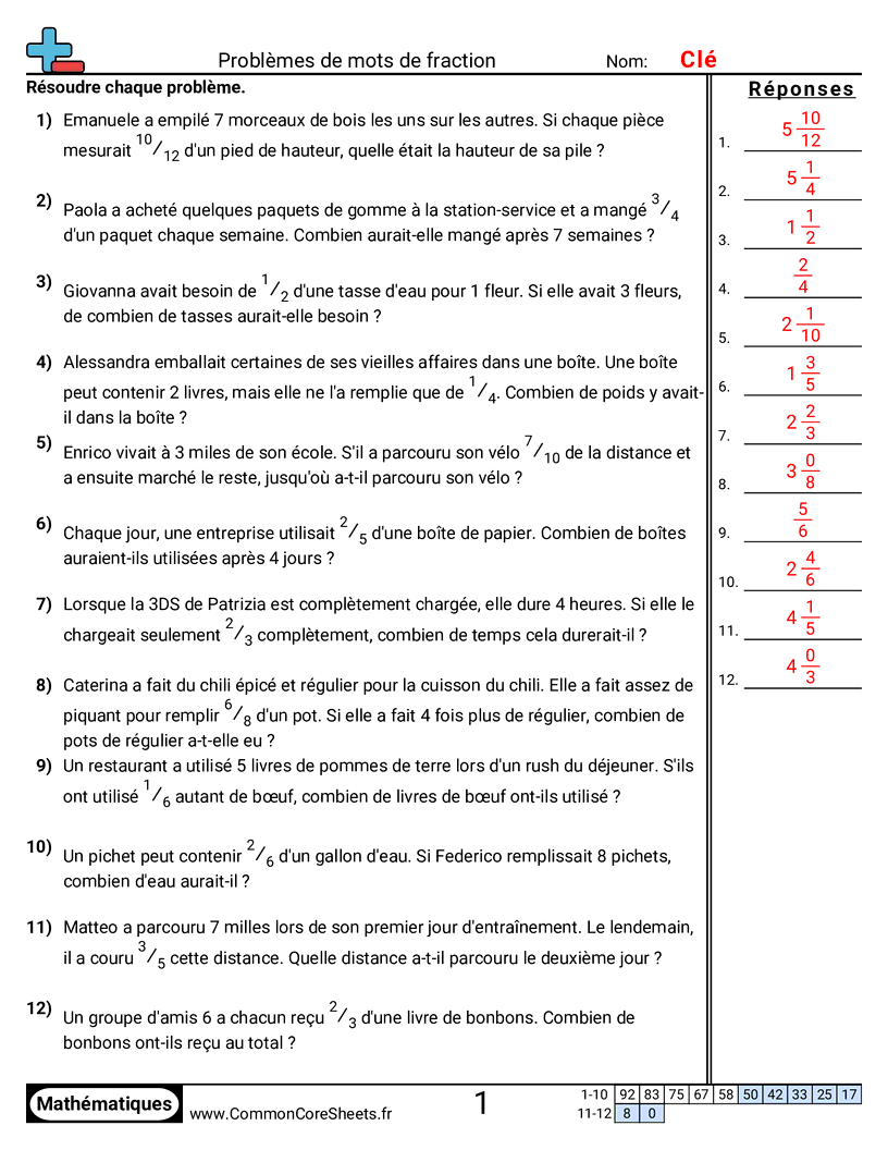 Fiches d'Exercices avec Fractions - multiplier-une-fraction-par-un-entier-problemes worksheet