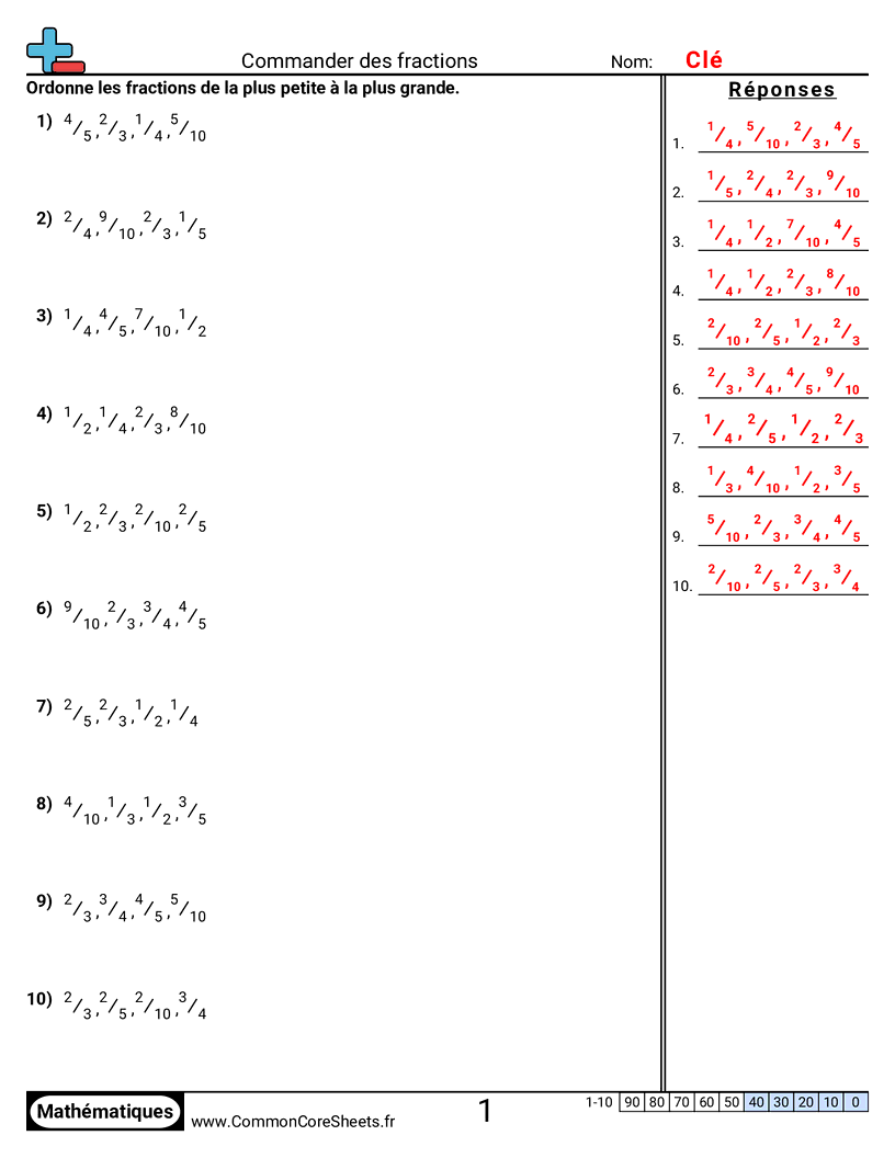 Fiches d'Exercices avec Fractions - ordonner-des-fractions worksheet