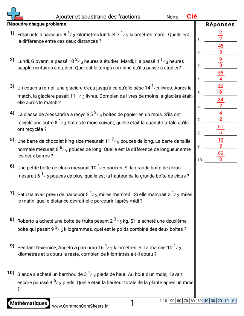 Fiches d'Exercices avec Fractions - problemes-meme-denominateur worksheet