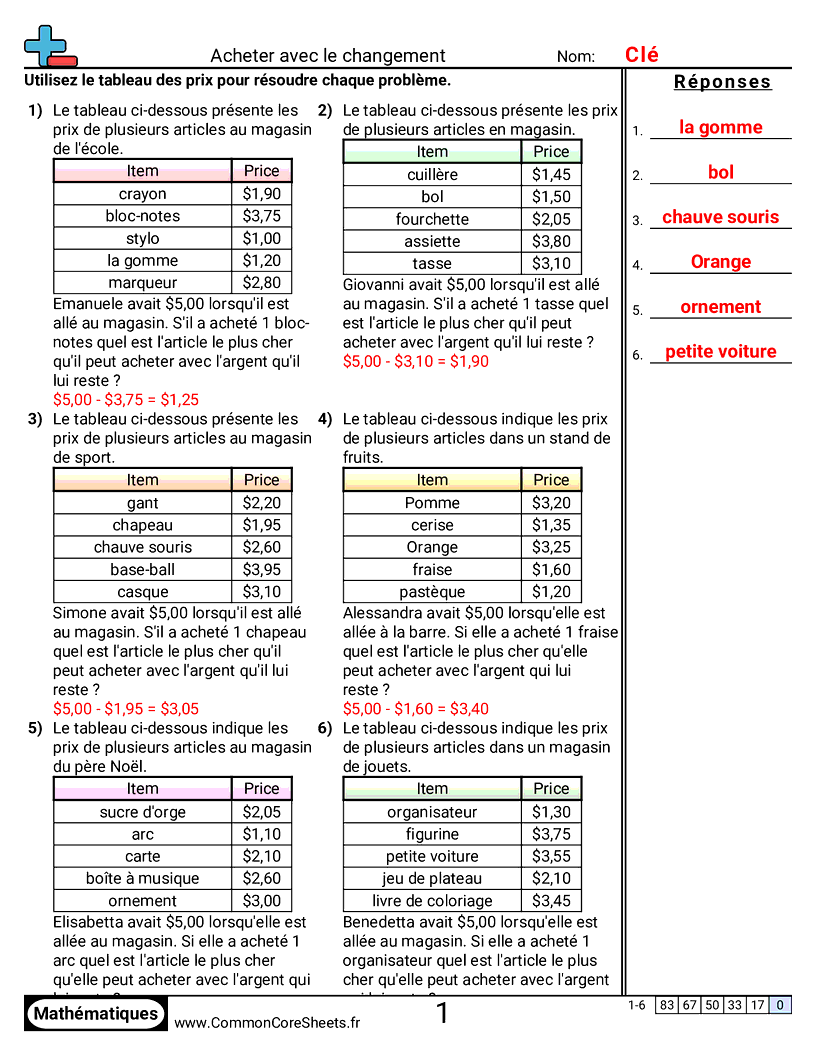 Fiches d'Exercices sur la Monnaie - acheter-avec-de-la-monnaie worksheet