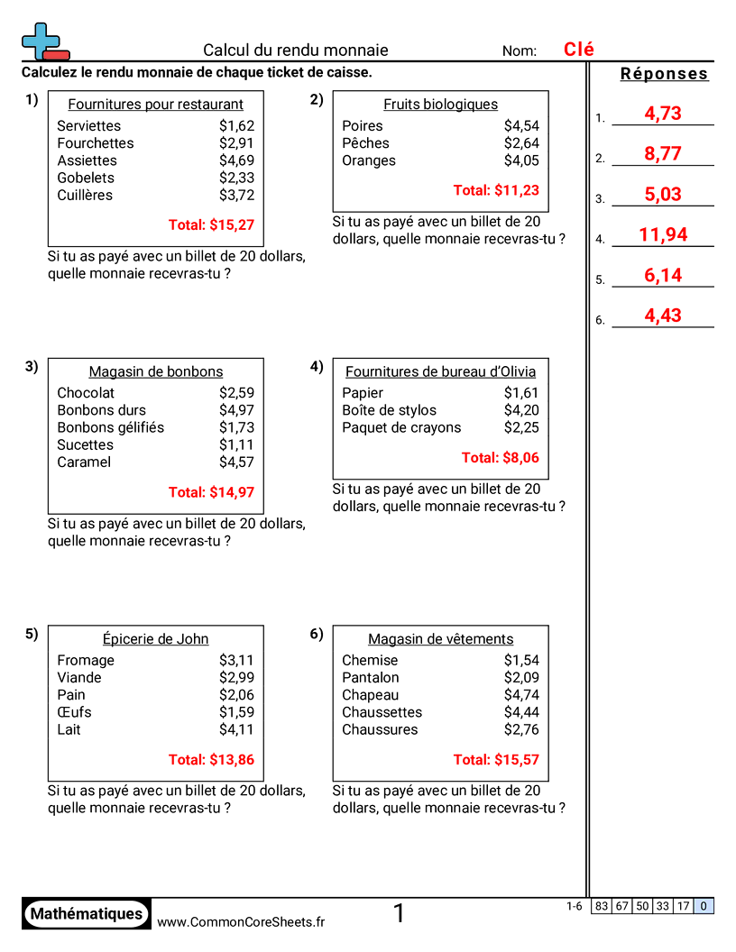 Fiches d'Exercices sur la Monnaie - monnaie-sur-un-recu worksheet