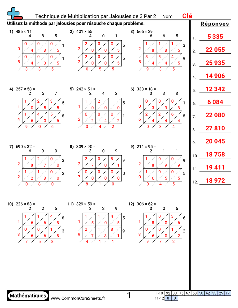 5th Grade Fiches d'Exercices de Multiplications - 3-chiffres-x-2-chiffres worksheet